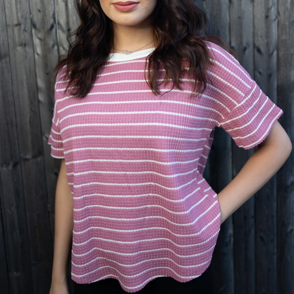 MTS Striped Short Sleeve Tee in Pink,White - Small/Medium, Boutique, T-shirt